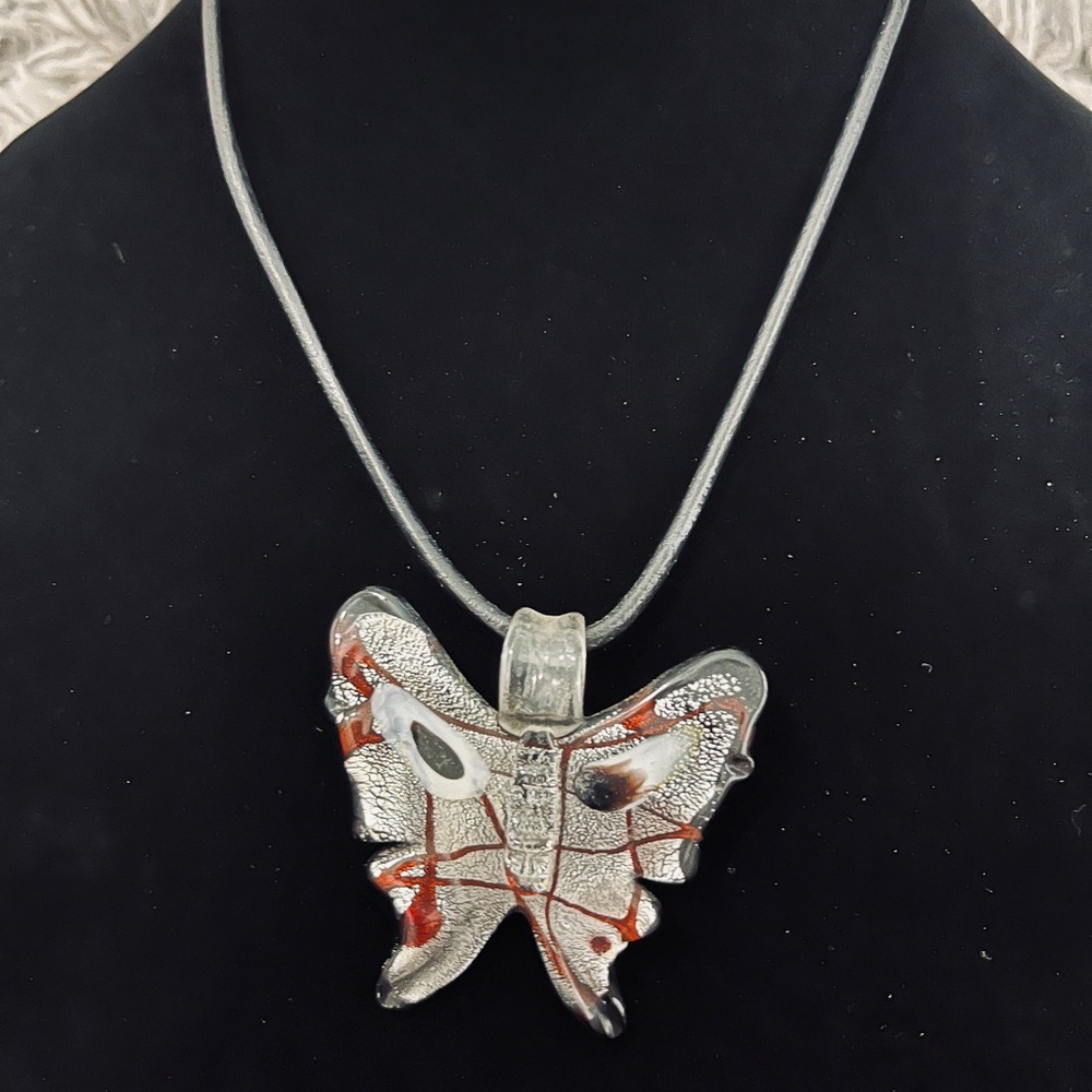 Elegant Murano Glass Silver and Brown Butterfly Pendant Necklace